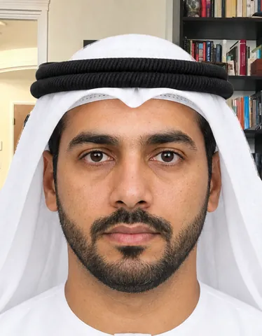 Wrong UAE Passport Photo: a busy room is visible behind the person instead of a plain white background (fictional AI-generated model)