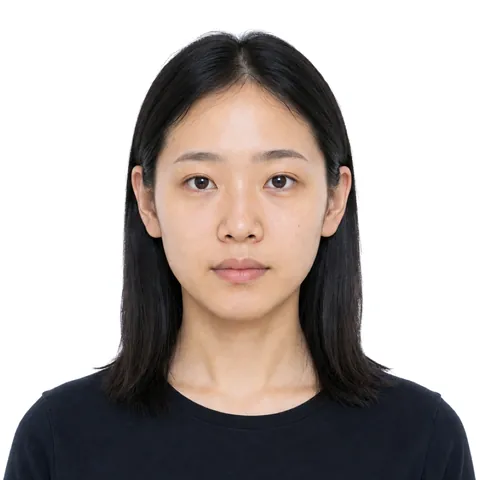 Example 2×2 in (51×51 mm) photo: a woman with straight black hair, white background (fictional AI-generated model)