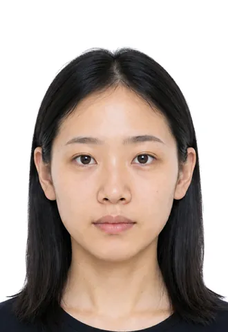 Example 33×48 mm photo: a woman with straight black hair, white background (fictional AI-generated model)