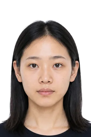 Example 40×60 mm (4×6 cm) photo: a woman with straight black hair, white background (fictional AI-generated model)