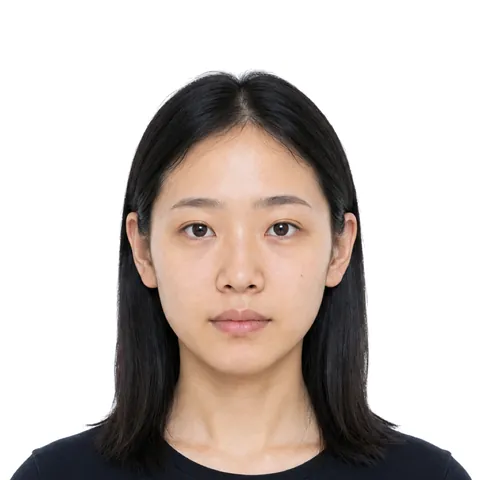 Example 45×45 mm photo: a woman with straight black hair, white background (fictional AI-generated model)
