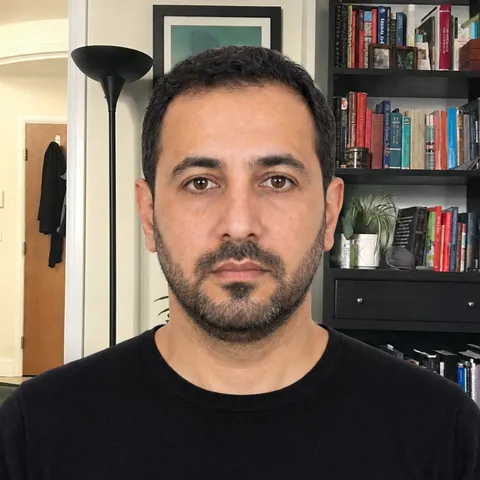 Wrong US Passport Photo: a busy room is visible behind the person instead of a plain white background (fictional AI-generated model)