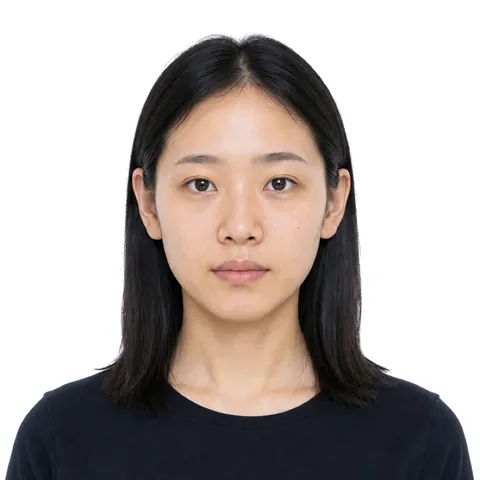 Example US Naturalization (N-400) Photo: a woman with straight black hair, 2×2 in, white background (fictional AI-generated model)