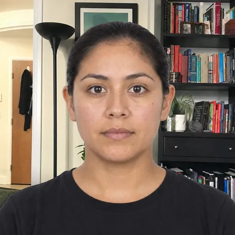 Wrong US Visa Photo: a busy room is visible behind the person instead of a plain white background (fictional AI-generated model)